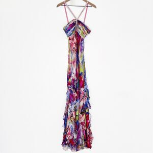 Vtg Cache Dress Womens 6‎ Floral Floor Length Gown Silk Chiffon Remnants FLAWED